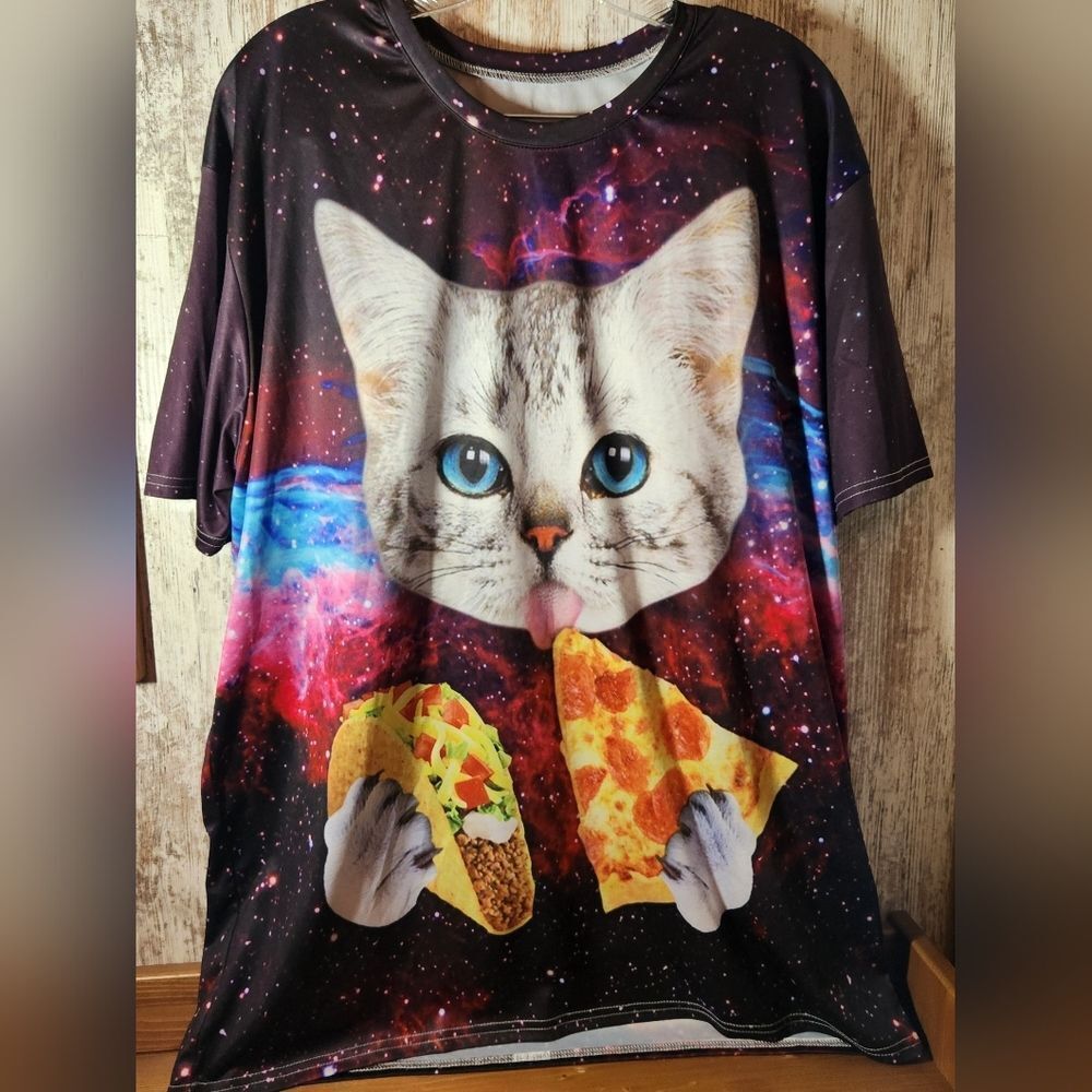 Funny Cute Outer Space Galaxy Cat Meme Pizza Taco Trippy T-Shirt 2X Unisex